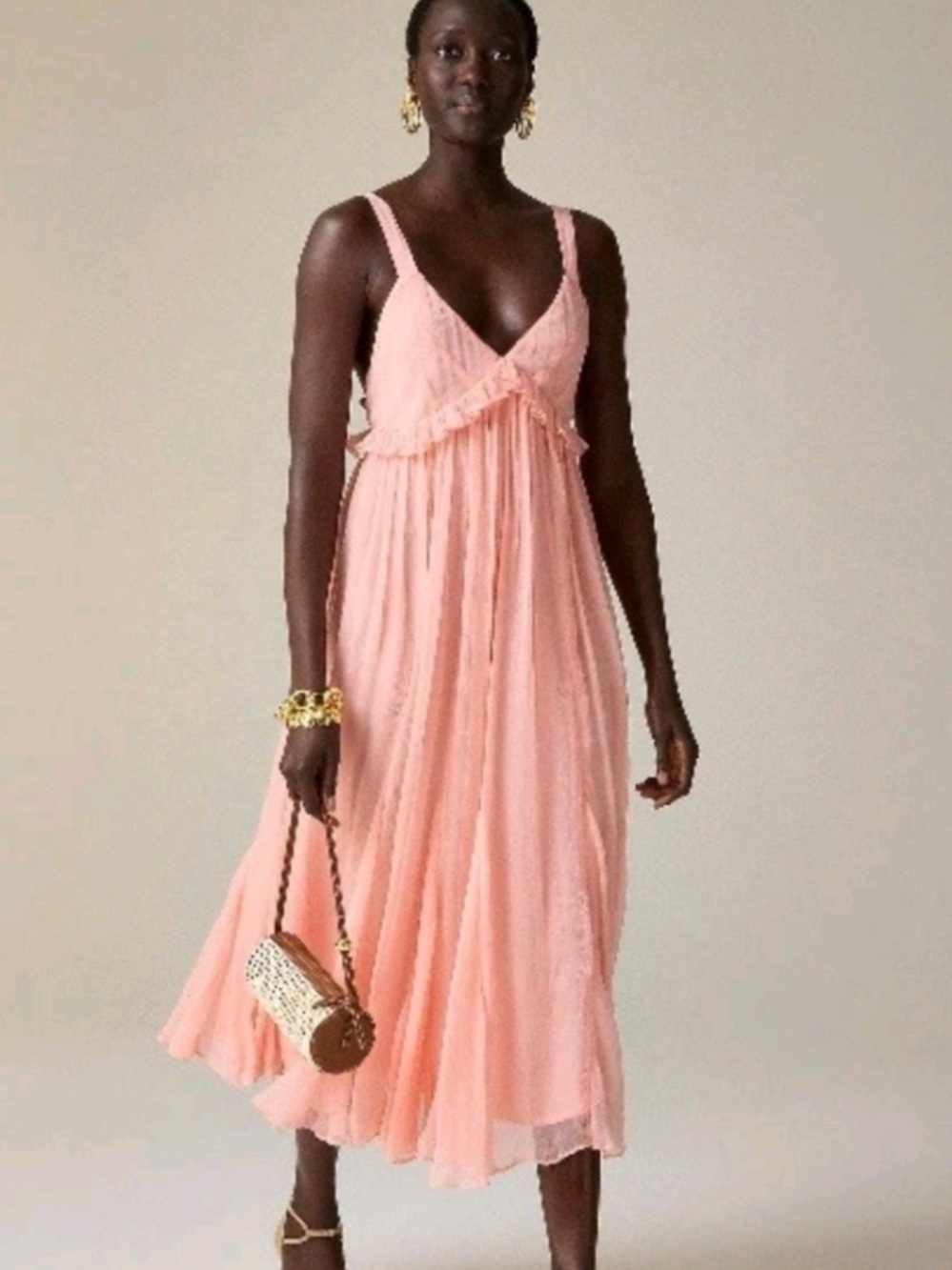 NWT J Crew Collection Ruffle-Trim Midi Dress in Crinkle Cupro sz 2 Peach